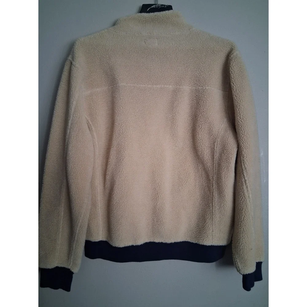 J.Crew Authentic Fleece Sherpa Pullover Cream Navy Blue Snap Mock Neck Mens L